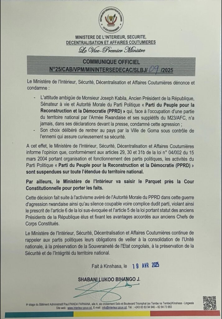 Communiqué du ministère de l'intérieur